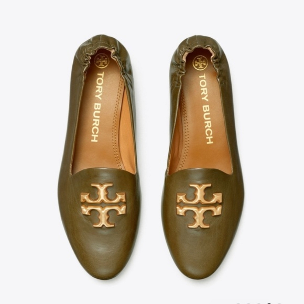 Tory Burch Eleanor Green Leather Loafers with Gold Emblem 5.5